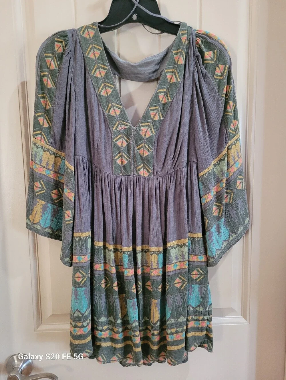 Free People Boho V-Neck Embroidered Grey & Teal Women's Blouse